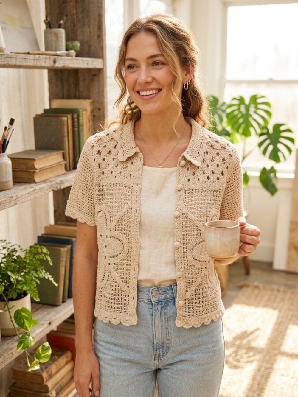 Crochet Cotton Floral Button-Front Top - Cream